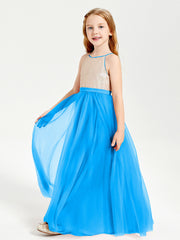 Long Junior Bridesmaid Gown Sequined Top Tulle Skirt Ocean Blue