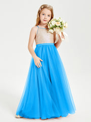 Long Junior Bridesmaid Gown Sequined Top Tulle Skirt Ocean Blue