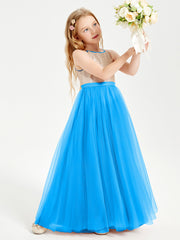 Long Junior Bridesmaid Gown Sequined Top Tulle Skirt Ocean Blue