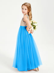 Long Junior Bridesmaid Gown Sequined Top Tulle Skirt Ocean Blue