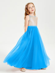 Long Junior Bridesmaid Gown Sequined Top Tulle Skirt Ocean Blue