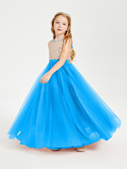 Long Junior Bridesmaid Gown Sequined Top Tulle Skirt Ocean Blue