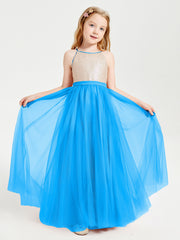 Long Junior Bridesmaid Gown Sequined Top Tulle Skirt Ocean Blue