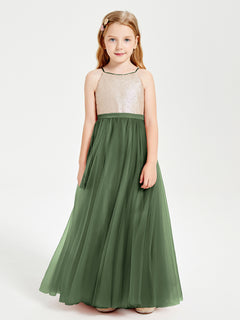 Long Junior Bridesmaid Gown Sequined Top Tulle Skirt Olive Green