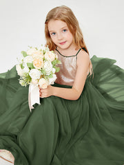 Long Junior Bridesmaid Gown Sequined Top Tulle Skirt Olive Green