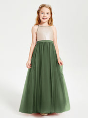 Long Junior Bridesmaid Gown Sequined Top Tulle Skirt Olive Green