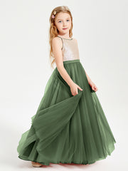 Long Junior Bridesmaid Gown Sequined Top Tulle Skirt Olive Green