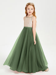 Long Junior Bridesmaid Gown Sequined Top Tulle Skirt Olive Green