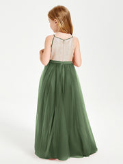 Long Junior Bridesmaid Gown Sequined Top Tulle Skirt Olive Green