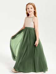 Long Junior Bridesmaid Gown Sequined Top Tulle Skirt Olive Green
