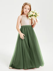 Long Junior Bridesmaid Gown Sequined Top Tulle Skirt Olive Green