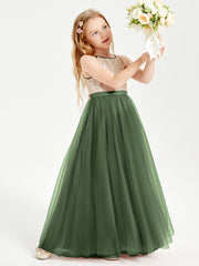 Long Junior Bridesmaid Gown Sequined Top Tulle Skirt Olive Green