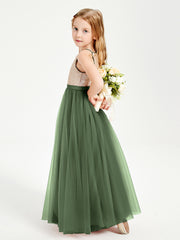 Long Junior Bridesmaid Gown Sequined Top Tulle Skirt Olive Green