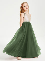 Long Junior Bridesmaid Gown Sequined Top Tulle Skirt Olive Green