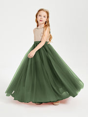Long Junior Bridesmaid Gown Sequined Top Tulle Skirt Olive Green