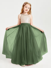 Long Junior Bridesmaid Gown Sequined Top Tulle Skirt Olive Green