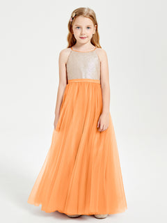 Long Junior Bridesmaid Gown Sequined Top Tulle Skirt Orange