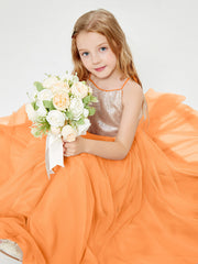 Long Junior Bridesmaid Gown Sequined Top Tulle Skirt Orange