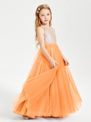 Long Junior Bridesmaid Gown Sequined Top Tulle Skirt Orange