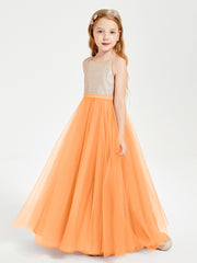 Long Junior Bridesmaid Gown Sequined Top Tulle Skirt Orange
