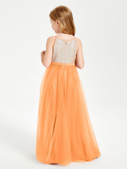 Long Junior Bridesmaid Gown Sequined Top Tulle Skirt Orange