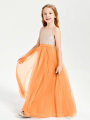 Long Junior Bridesmaid Gown Sequined Top Tulle Skirt Orange