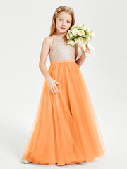 Long Junior Bridesmaid Gown Sequined Top Tulle Skirt Orange
