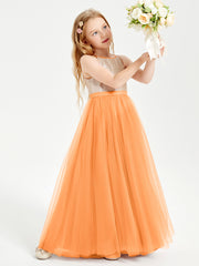 Long Junior Bridesmaid Gown Sequined Top Tulle Skirt Orange