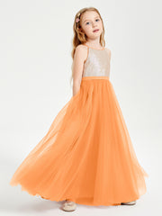 Long Junior Bridesmaid Gown Sequined Top Tulle Skirt Orange