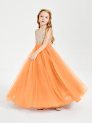 Long Junior Bridesmaid Gown Sequined Top Tulle Skirt Orange