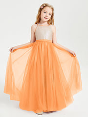 Long Junior Bridesmaid Gown Sequined Top Tulle Skirt Orange