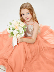 Long Junior Bridesmaid Gown Sequined Top Tulle Skirt Papaya