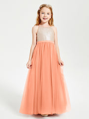 Long Junior Bridesmaid Gown Sequined Top Tulle Skirt Papaya
