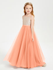 Long Junior Bridesmaid Gown Sequined Top Tulle Skirt Papaya