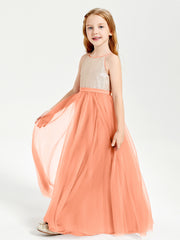 Long Junior Bridesmaid Gown Sequined Top Tulle Skirt Papaya
