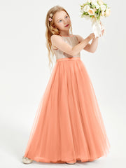 Long Junior Bridesmaid Gown Sequined Top Tulle Skirt Papaya