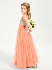 Long Junior Bridesmaid Gown Sequined Top Tulle Skirt Papaya