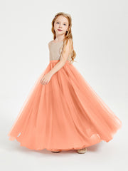 Long Junior Bridesmaid Gown Sequined Top Tulle Skirt Papaya