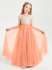Long Junior Bridesmaid Gown Sequined Top Tulle Skirt Papaya