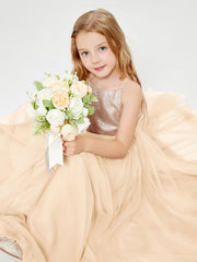 Long Junior Bridesmaid Gown Sequined Top Tulle Skirt Peach