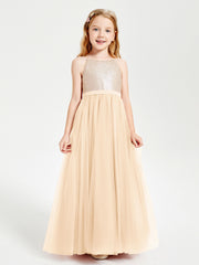 Long Junior Bridesmaid Gown Sequined Top Tulle Skirt Peach