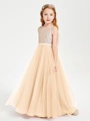 Long Junior Bridesmaid Gown Sequined Top Tulle Skirt Peach