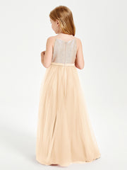Long Junior Bridesmaid Gown Sequined Top Tulle Skirt Peach