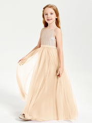 Long Junior Bridesmaid Gown Sequined Top Tulle Skirt Peach