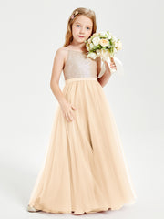 Long Junior Bridesmaid Gown Sequined Top Tulle Skirt Peach