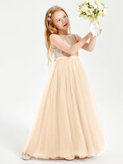 Long Junior Bridesmaid Gown Sequined Top Tulle Skirt Peach