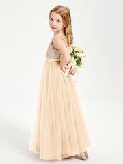Long Junior Bridesmaid Gown Sequined Top Tulle Skirt Peach