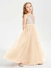 Long Junior Bridesmaid Gown Sequined Top Tulle Skirt Peach