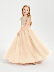 Long Junior Bridesmaid Gown Sequined Top Tulle Skirt Peach