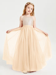 Long Junior Bridesmaid Gown Sequined Top Tulle Skirt Peach